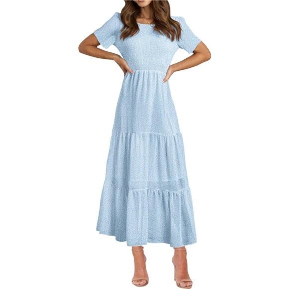 Women Short Sleeve Crew Neck Summer Dress Floral Printed Flowy Maxi Dresses - Picture 1 of 6